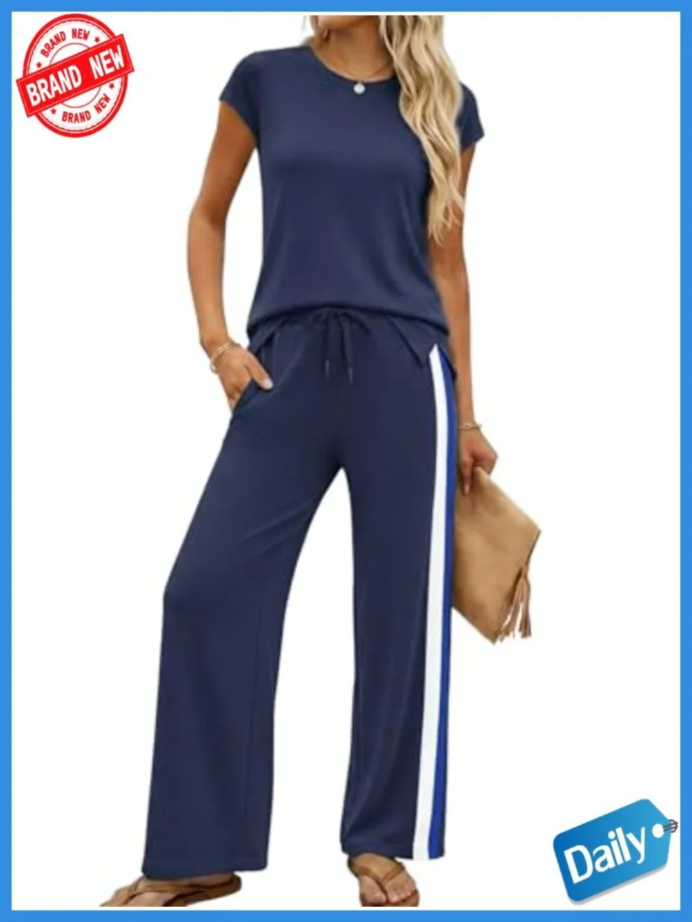 2 Piece Lounge Set for Women – Navy Side Stripe Pants & Cap Sleeve Top